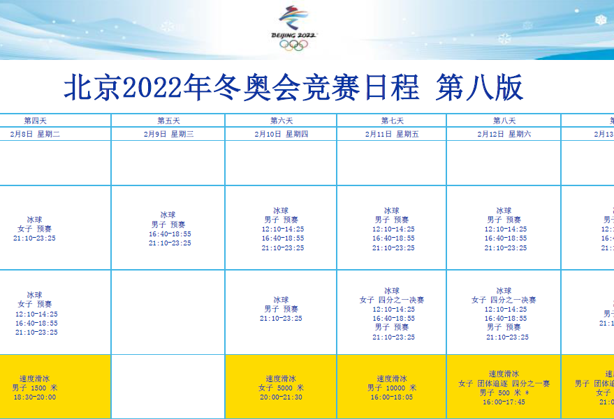 冬奥会赛程时间表